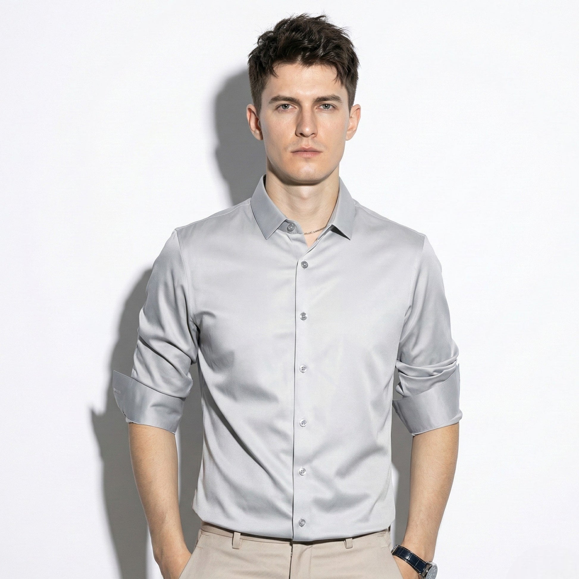 Stephen men's silk long sleeve shirt classic point collar versatile everyday style refined fit