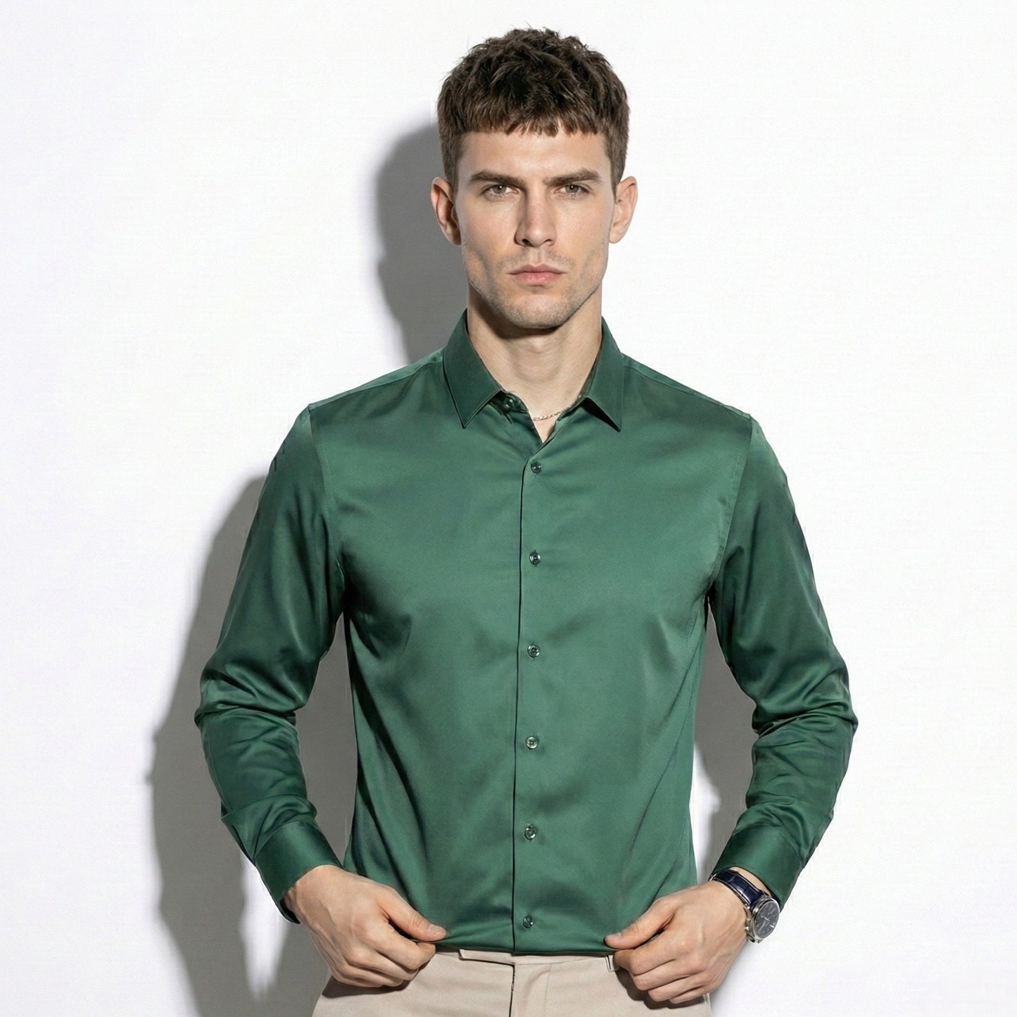 Stephen men's silk long sleeve shirt classic point collar versatile everyday style refined fit