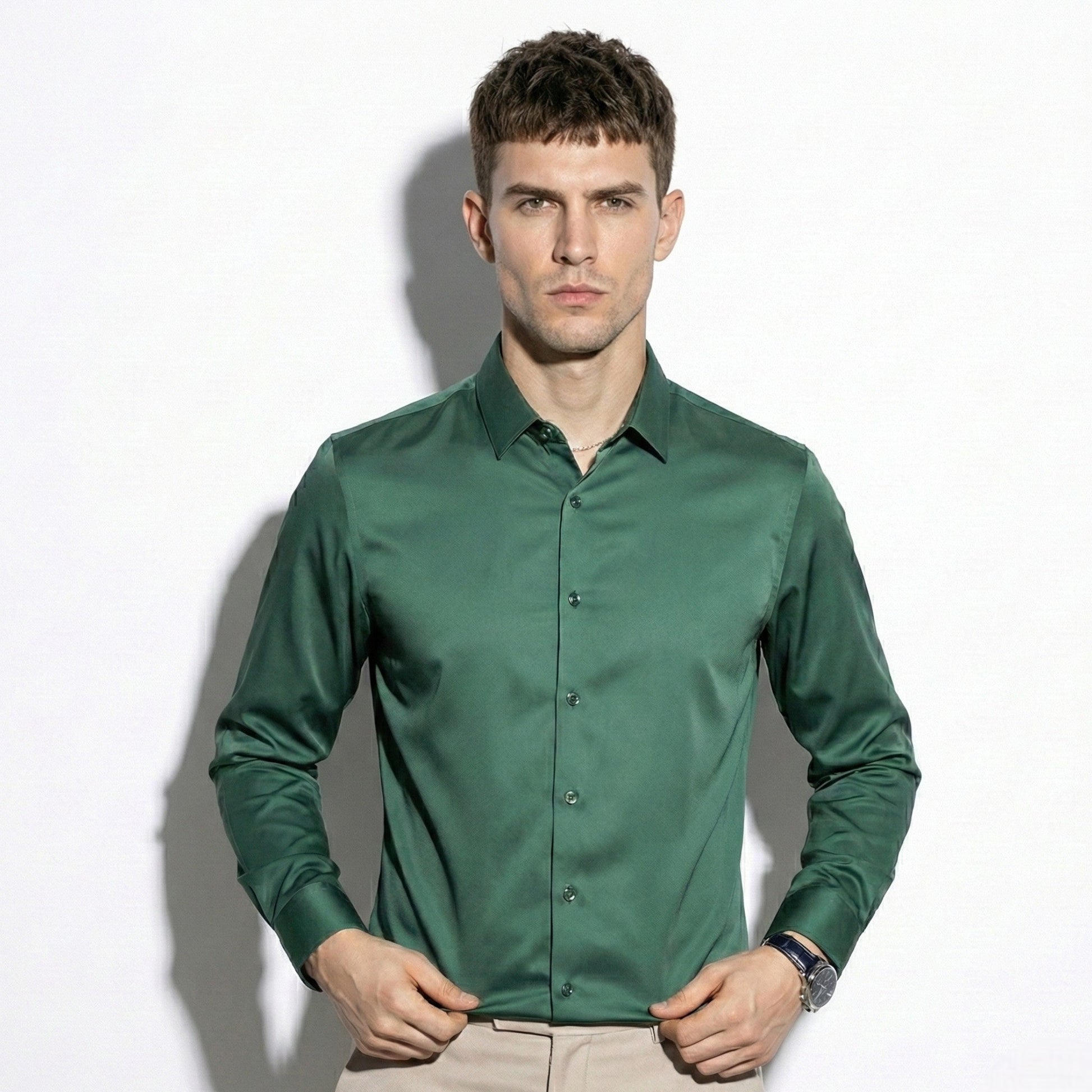 Stephen men's silk long sleeve shirt classic point collar versatile everyday style refined fit