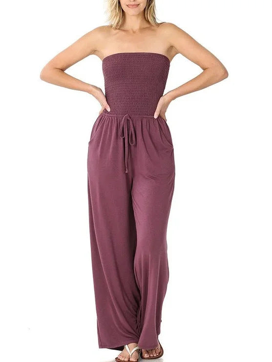 Women's off-shoulder jumpsuit with smocked bodice, flowy wide-leg pants, elegant one-piece design