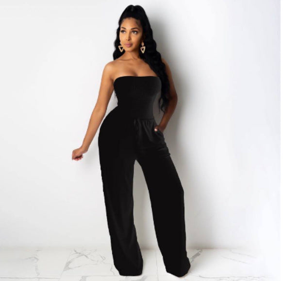 Women's off-shoulder jumpsuit with smocked bodice, flowy pants, elegant fit for effortless style