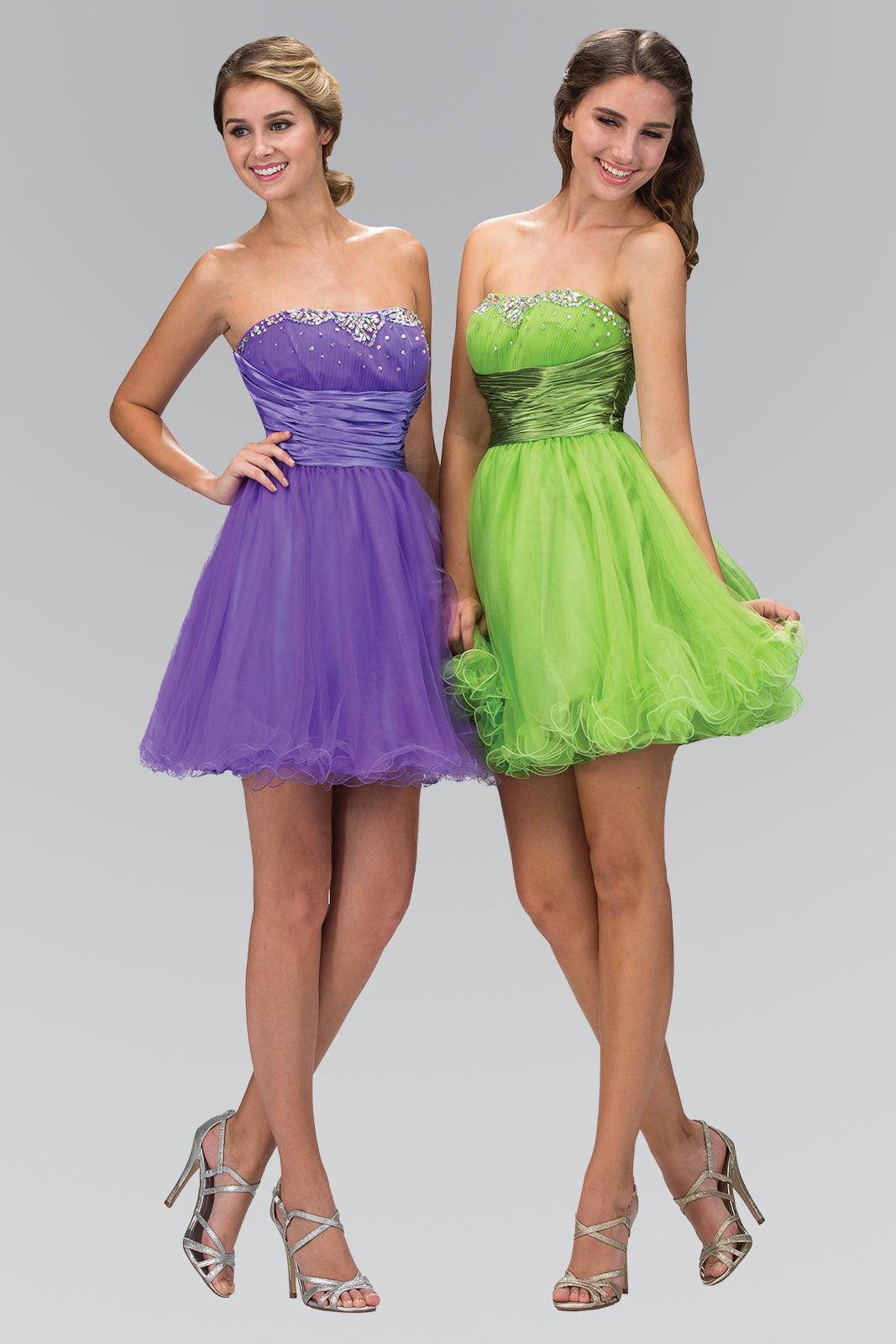 Strapless beaded tulle short prom dress sweetheart neckline satin waistband mini cocktail gown