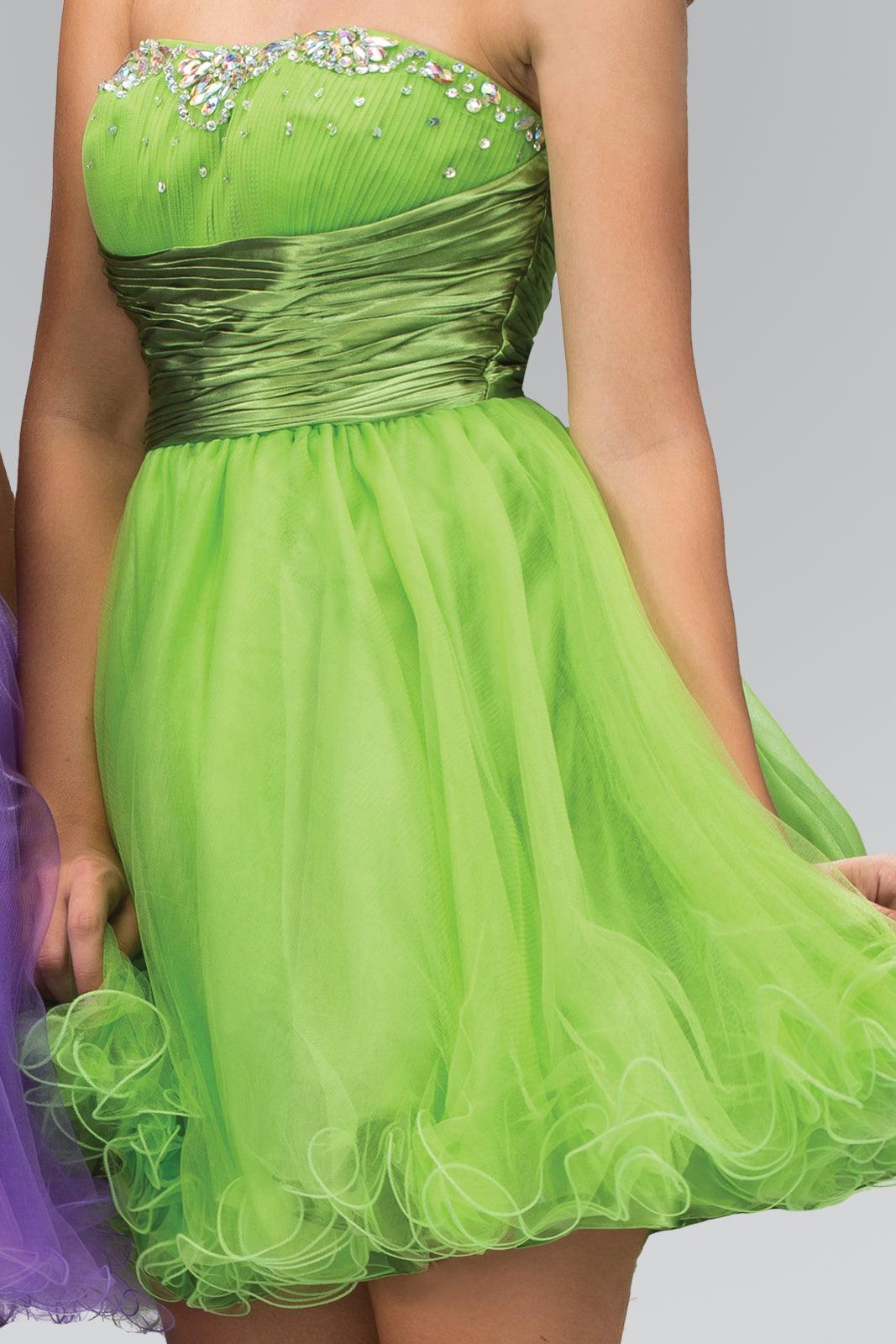 Strapless beaded tulle short prom dress sweetheart neckline satin waistband mini cocktail gown
