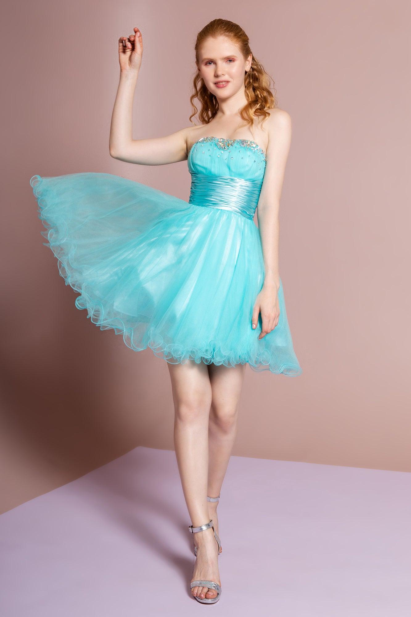 Strapless beaded tulle short prom dress sweetheart neckline satin waistband mini cocktail gown