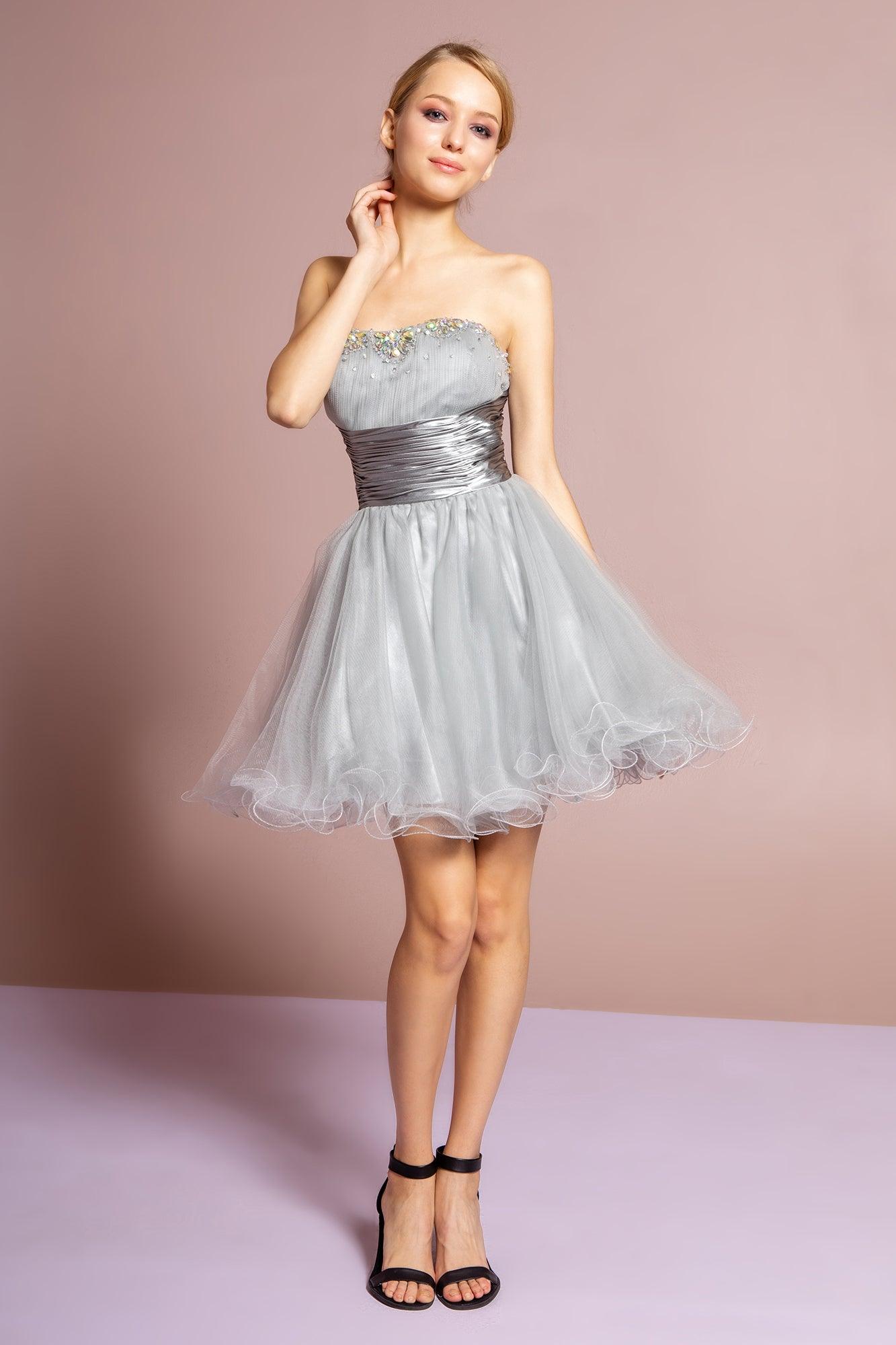 Strapless beaded tulle short prom dress sweetheart neckline satin waistband mini cocktail gown