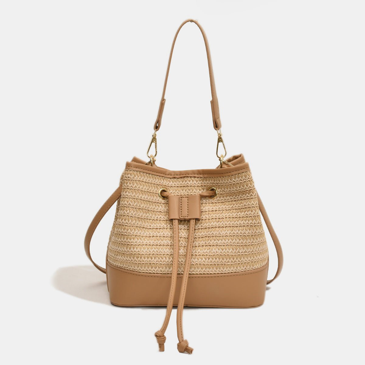 Handwoven straw braided shoulder bag with PU leather accents, medium size summer beach tote