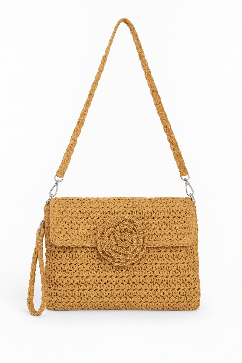 Straw Flower Flap Clutch Natural Straw Handwoven - Urbann-Vibe