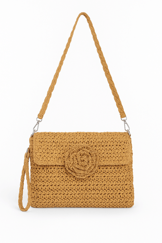 Straw Flower Flap Clutch Natural Straw Handwoven - Urbann-Vibe