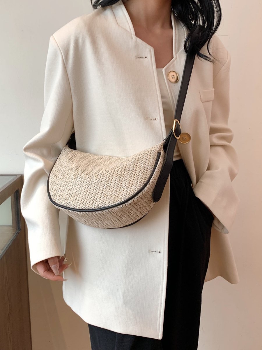 Handcrafted straw weave shoulder bag with adjustable strap, eco-friendly small crossbody in natural tan