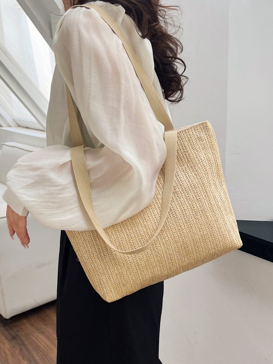 Handcrafted straw woven tote bag medium size coastal beach style durable polyester blend