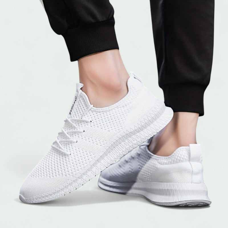 Men's gray knitted sneakers breathable lace-up design with flexible rubber sole for casual wear