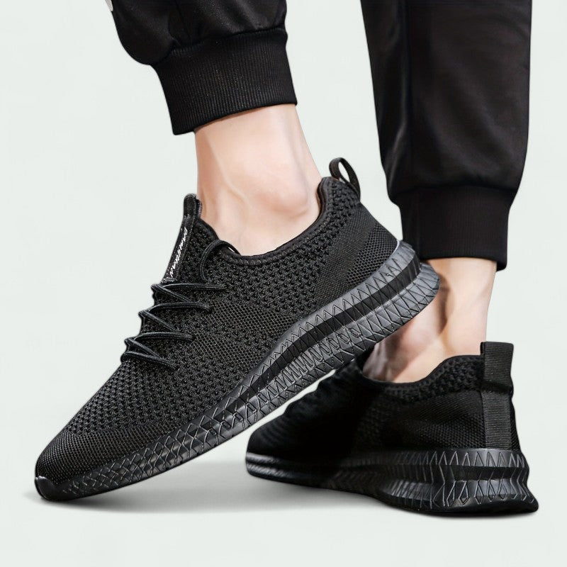 Men's gray knitted sneakers breathable lace-up design flexible sole casual everyday comfort lightweight fit