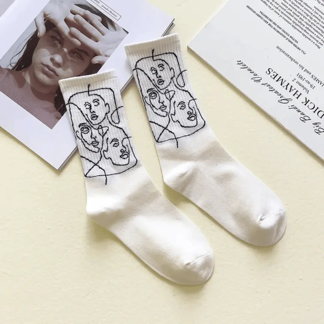 White abstract face line art cotton blend crew socks expressive wearable art design for art lovers