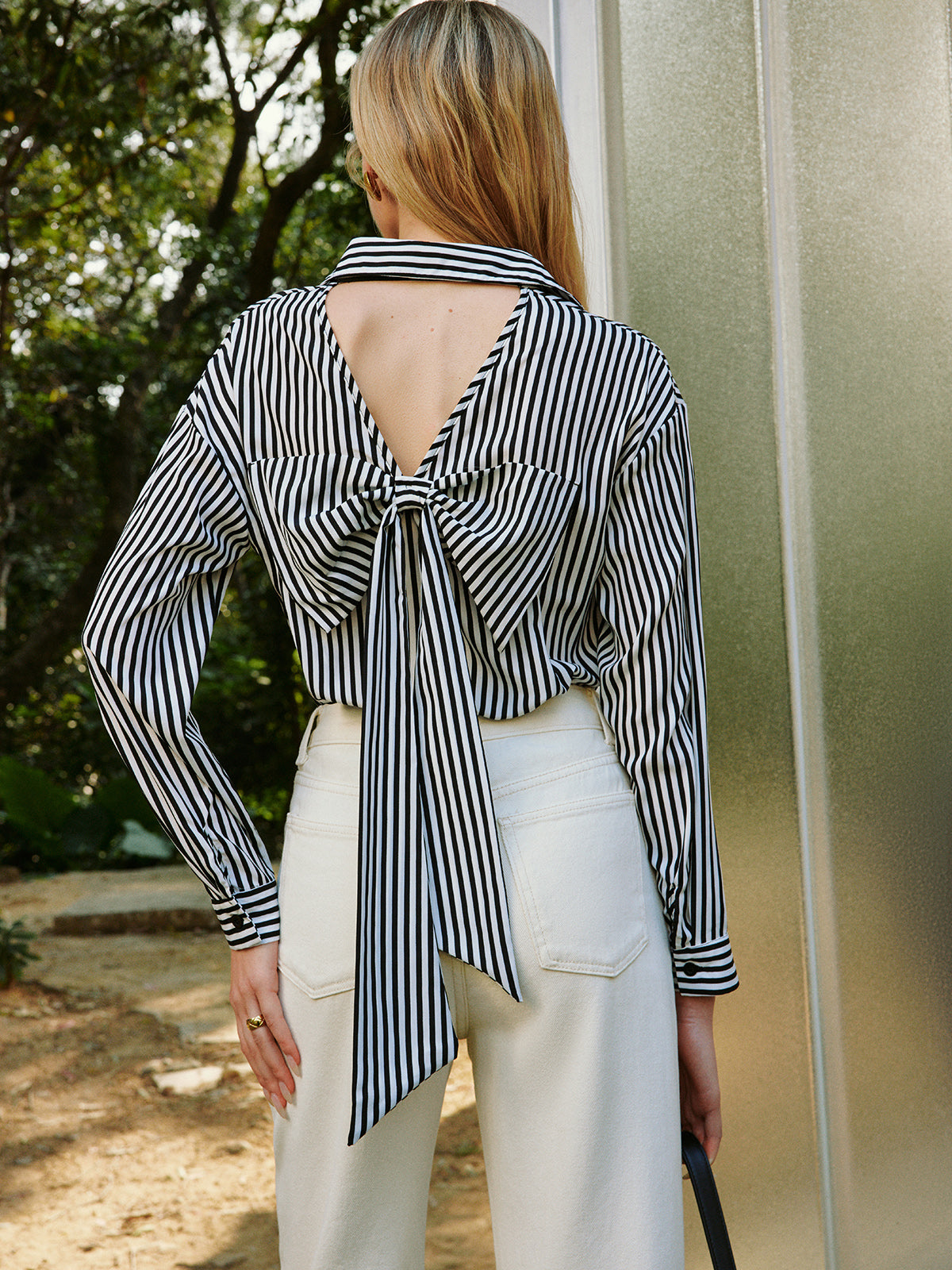Women's striped long sleeve backless bow shirt elegant work casual woven top