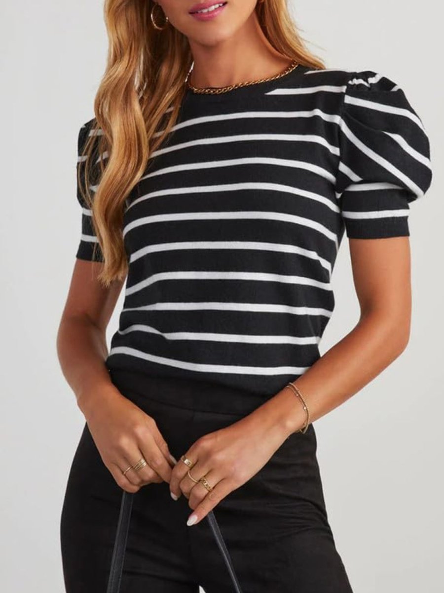 Striped puff sleeve knit top women round neck acrylic voluminous sleeves casual chic
