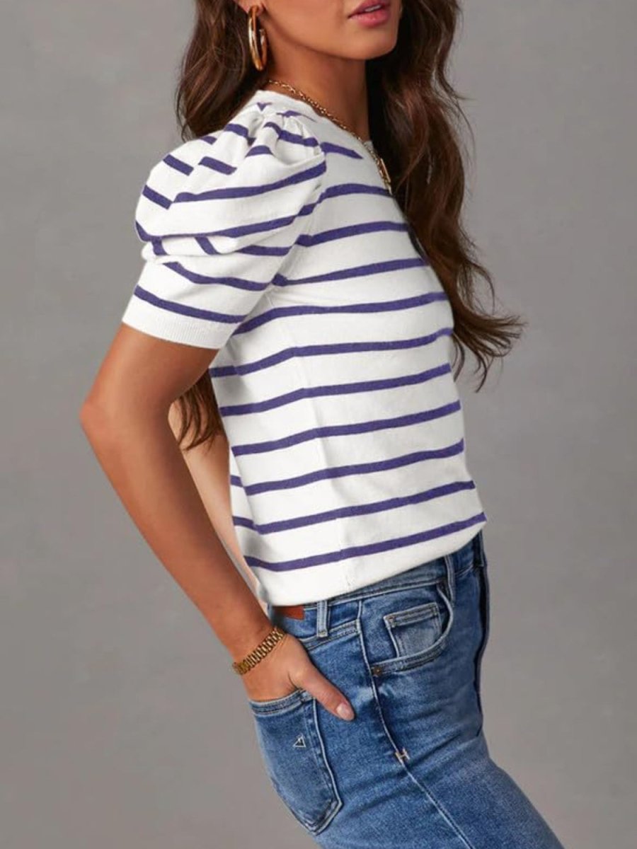 Women's striped puff sleeve knit top round neck casual chic voluminous sleeves acrylic stretch