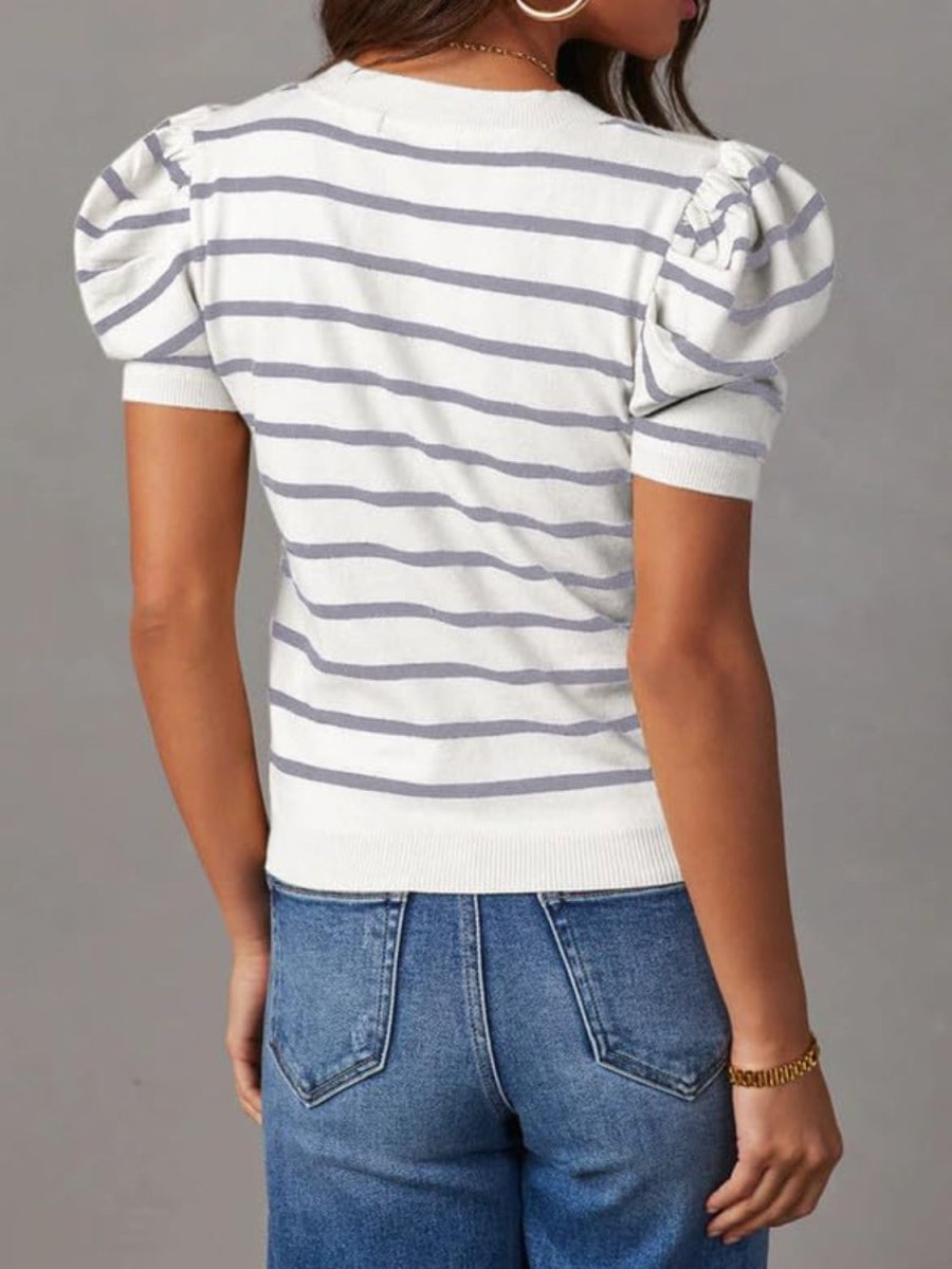 Striped puff sleeve knit top women round neck acrylic casual chic voluminous sleeves