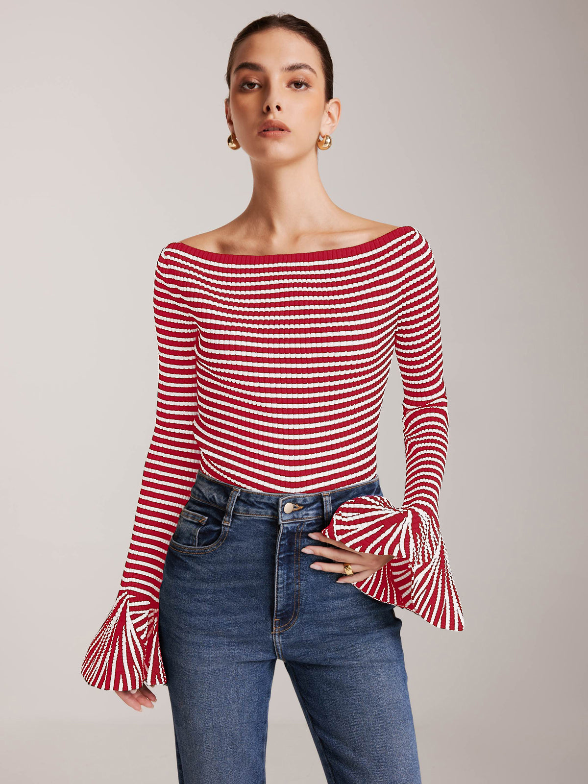 Women's striped knit cold-shoulder top with elegant ruffle sleeves, lightweight viscose blend