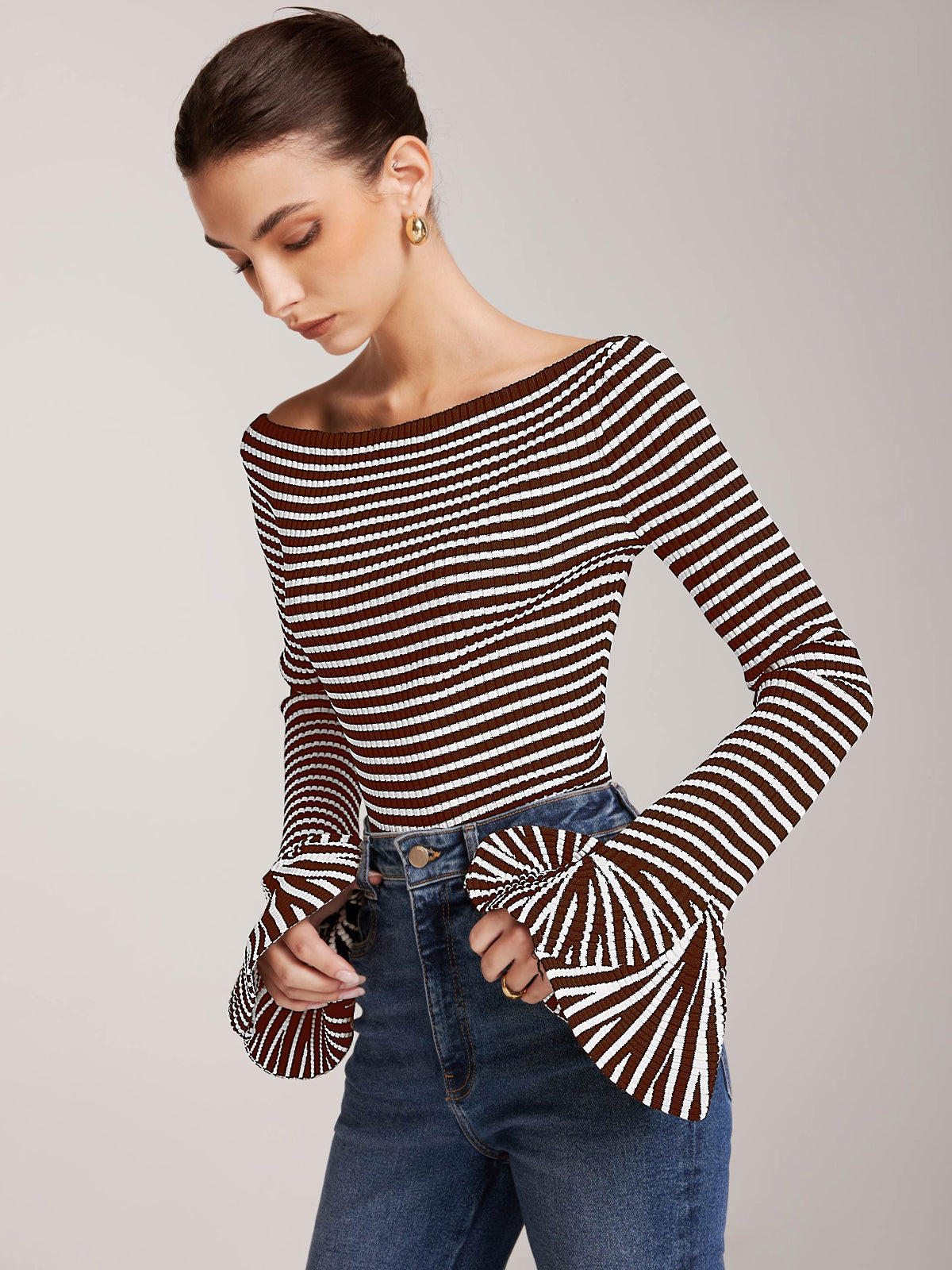Women's striped knit cold-shoulder top with elegant ruffle sleeves, lightweight viscose blend