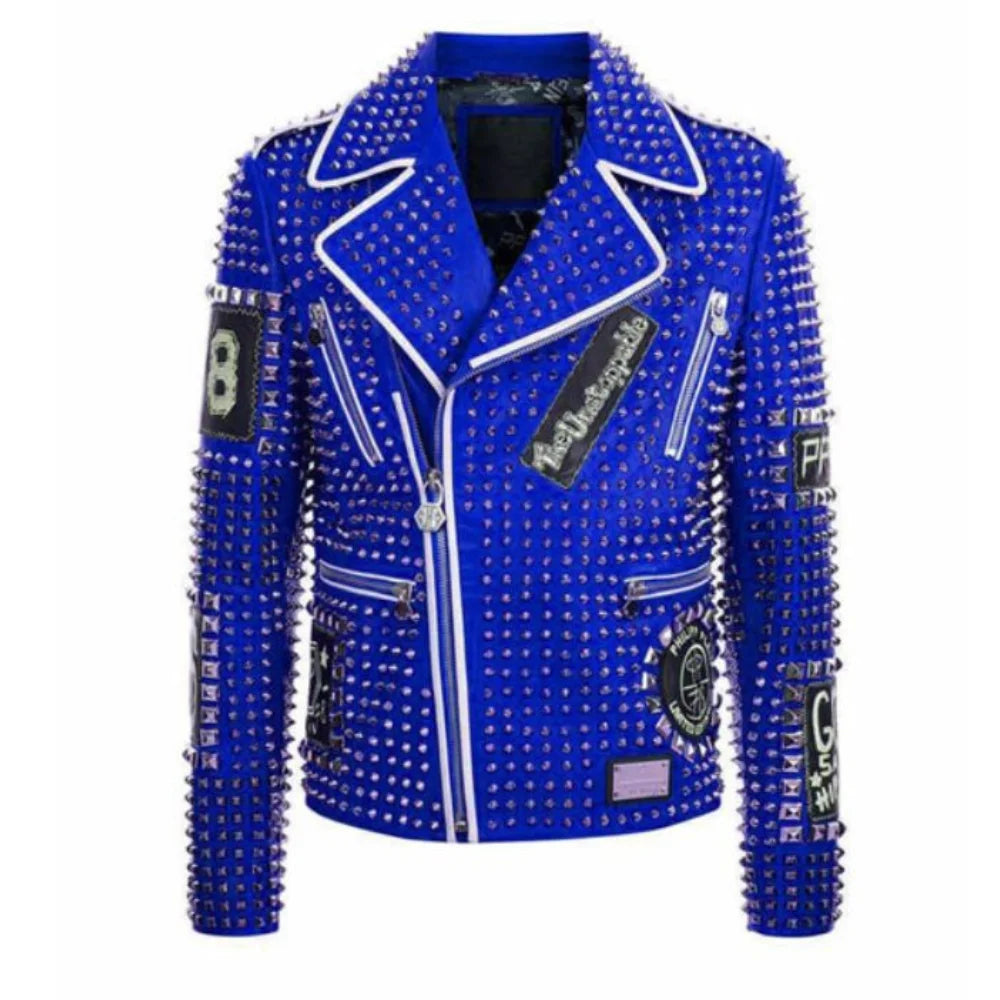 Men's black blue studded leather biker jacket Brando cut silver zippers bold hardware motorcycle style