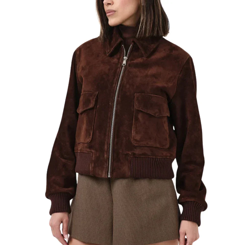 Women's camel brown suede bomber jacket with soft viscose lining, modern relaxed fit everyday essential