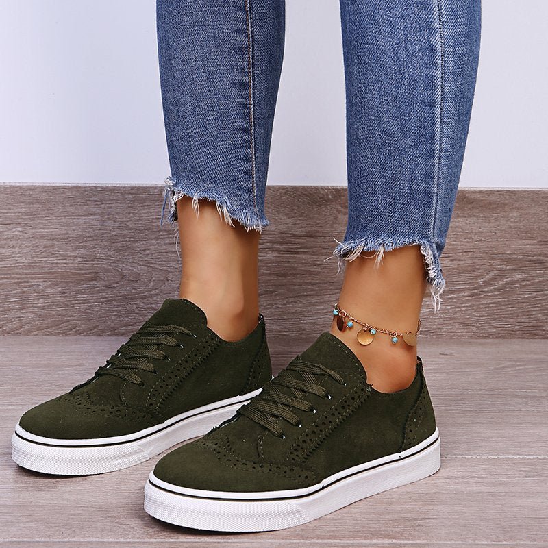 Premium suedette lace-up flat sneakers in neutral tones, urban style with customizable fit
