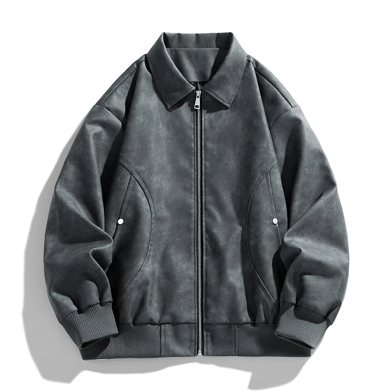 Men's black genuine leather bomber jacket tailored fit full zip with refined metal hardware