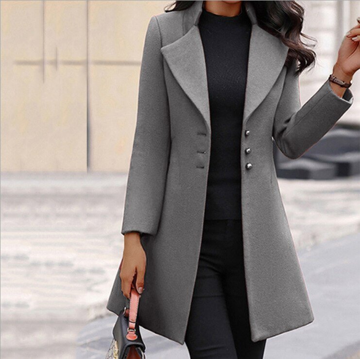 Women's Nordic Flair elegant tailored long wool blend coat, single-breasted button-front classic silhouette