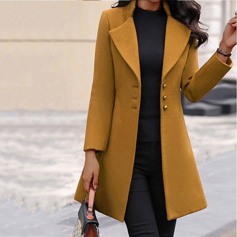 Women's Nordic Flair elegant tailored long wool blend coat, single-breasted button-front classic style