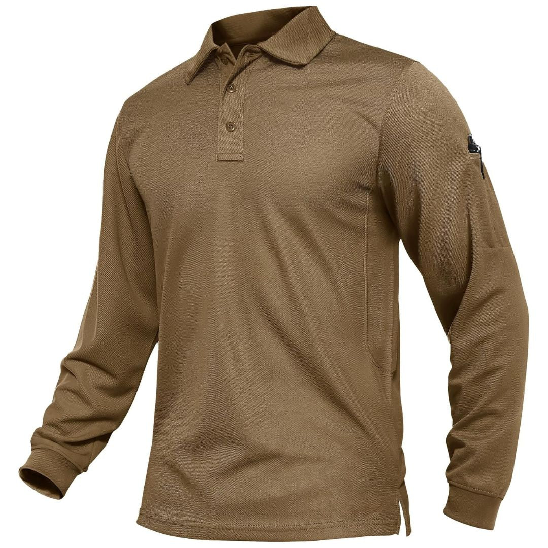 Men's long sleeve tactical polo shirt, quick-dry pique jersey, breathable mesh, outdoor performance fit