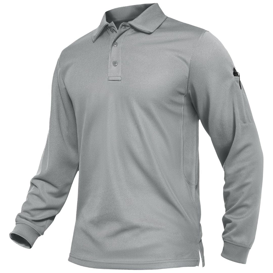 Men's long sleeve tactical polo shirt, quick-dry breathable pique jersey for outdoor adventures