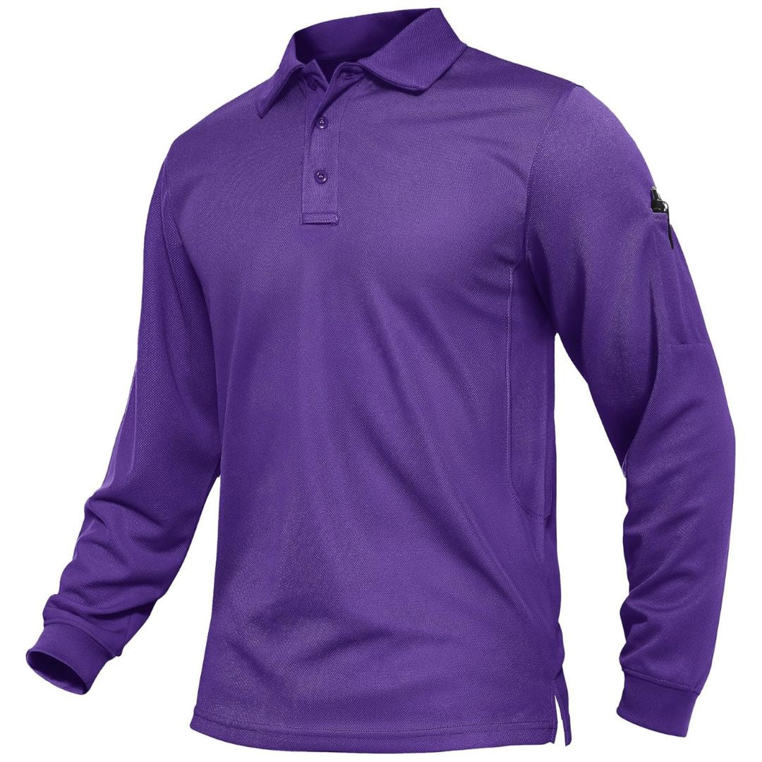 Men's long sleeve tactical polo shirt in solid color, quick-dry pique jersey with breathable mesh fabric