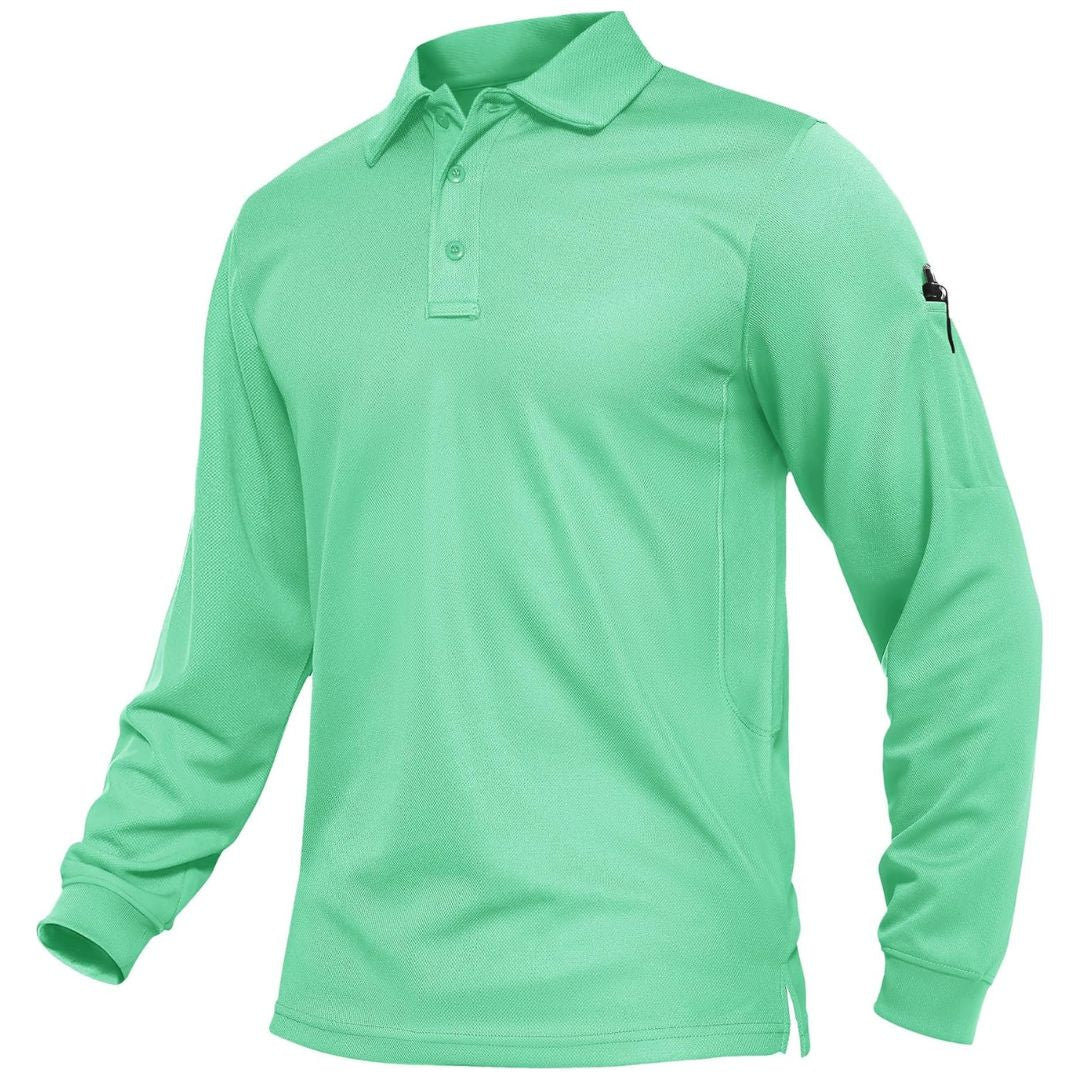 Men's long sleeve tactical polo shirt, quick-dry pique jersey, breathable mesh, outdoor performance fit