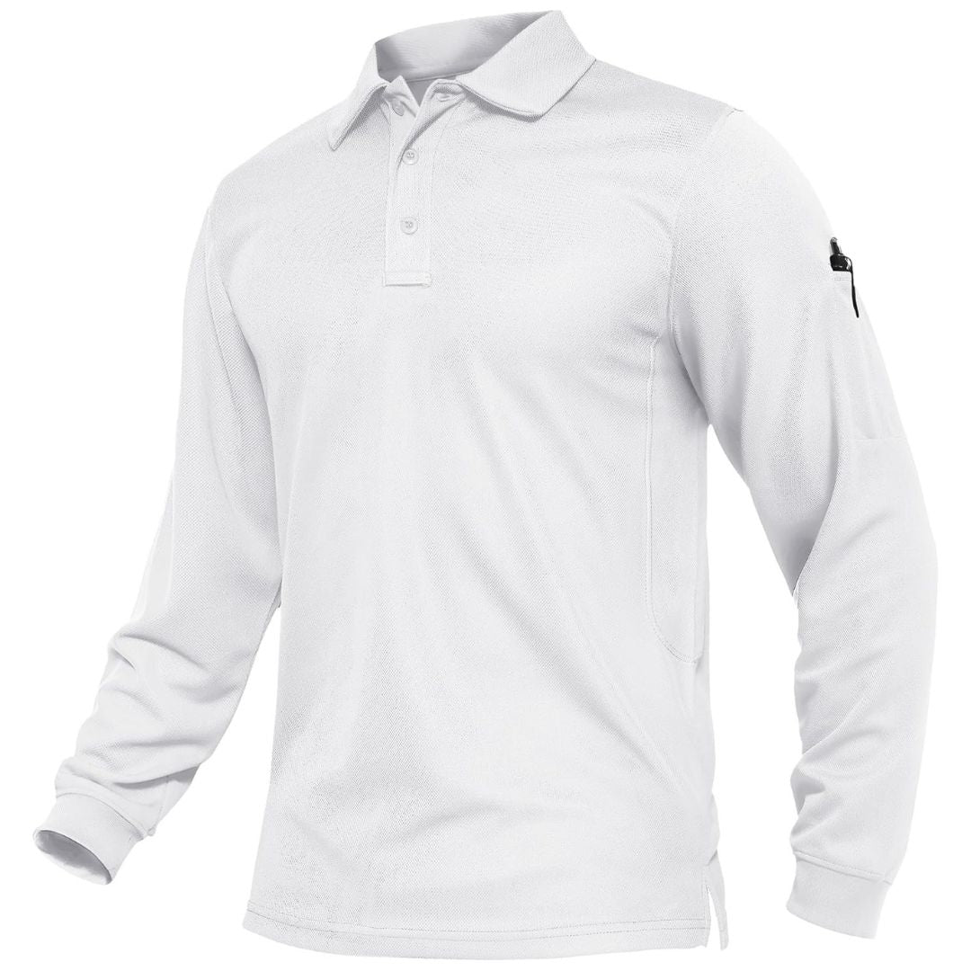 Men's long sleeve tactical polo shirt, quick-dry pique jersey, breathable mesh, outdoor performance fit