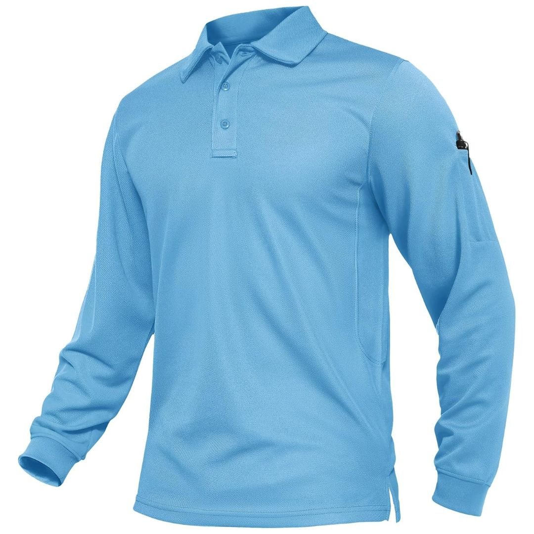 Men's long sleeve tactical polo shirt in solid color, quick-dry pique jersey with breathable mesh fabric