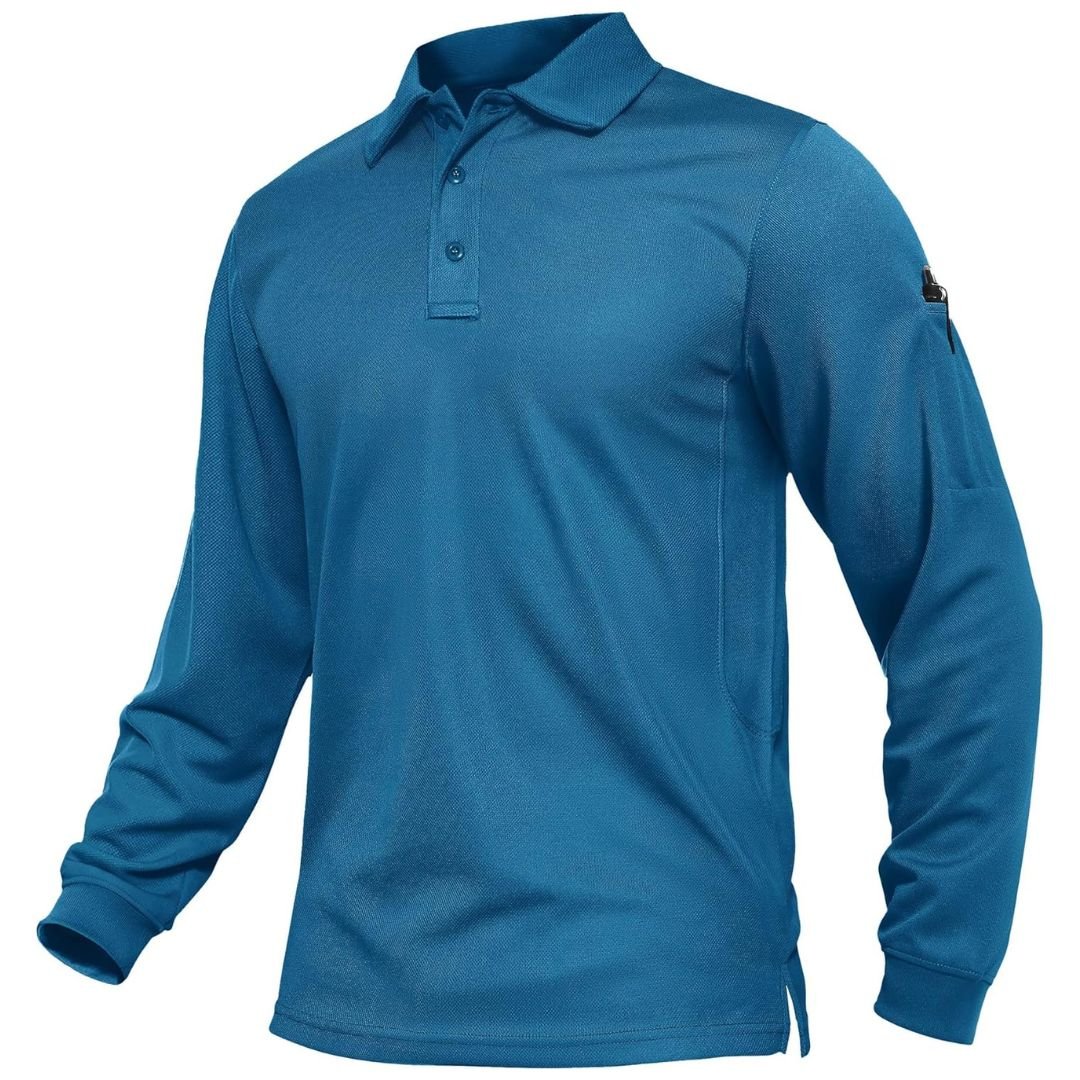 Men's long sleeve tactical polo shirt, quick-dry pique jersey with breathable mesh, built for outdoor adventures