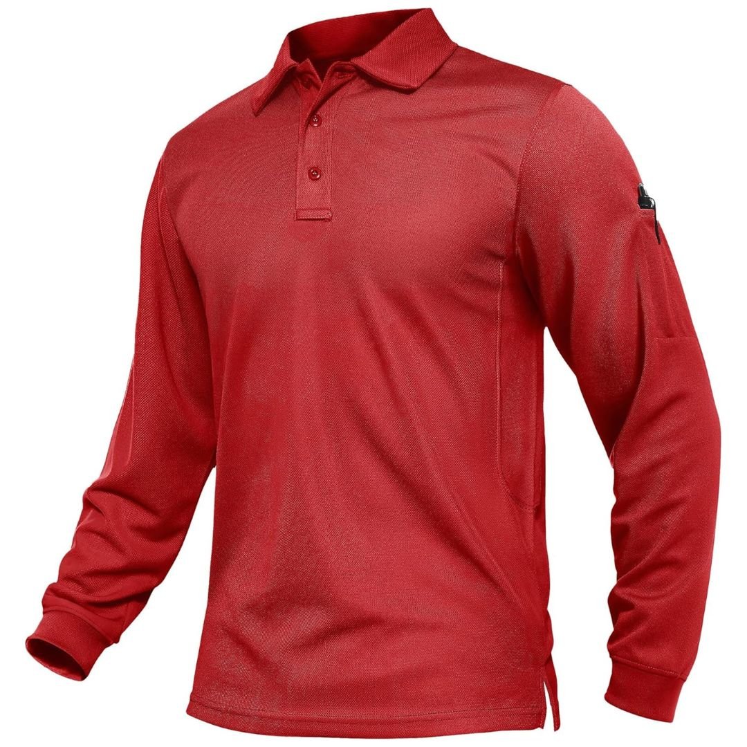 Men's long sleeve tactical polo shirt, quick-dry pique jersey, breathable mesh, outdoor performance fit