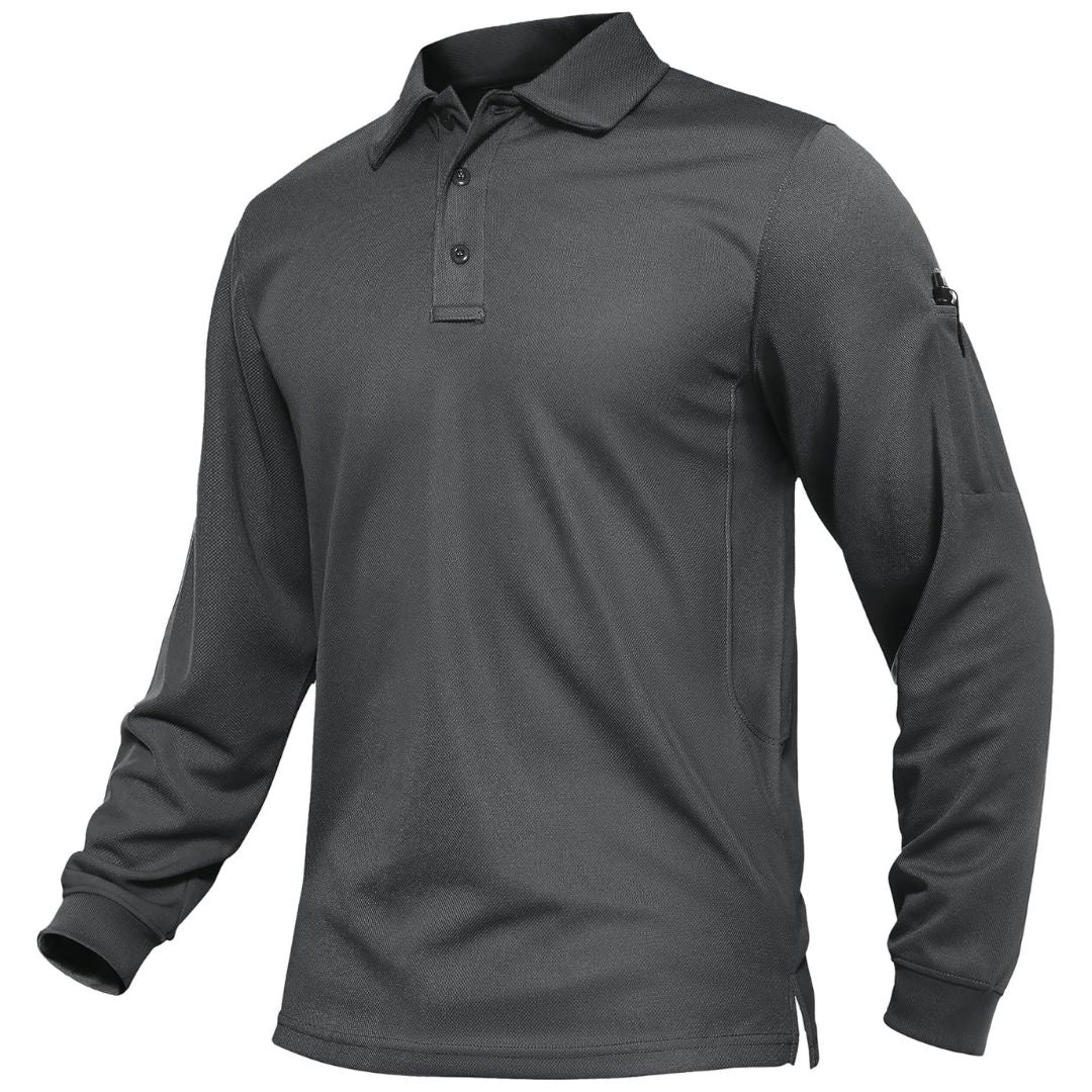 Men's long sleeve tactical polo shirt, quick-dry breathable pique jersey for outdoor performance