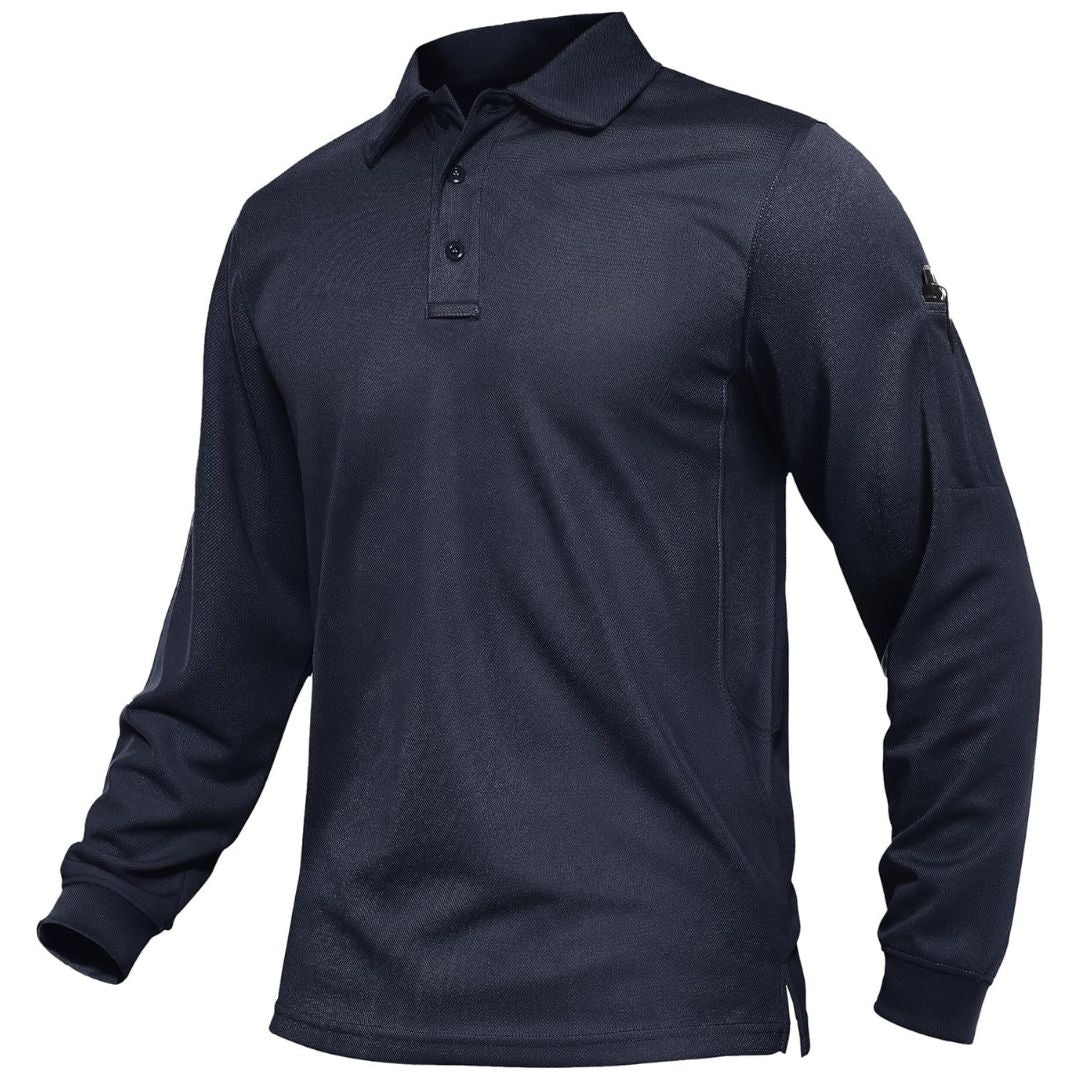 Men's long sleeve tactical polo shirt, quick-dry breathable pique jersey for outdoor performance