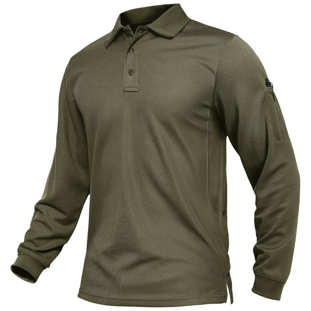 Men's long sleeve tactical polo shirt navy quick-dry pique jersey with zip collar outdoor performance