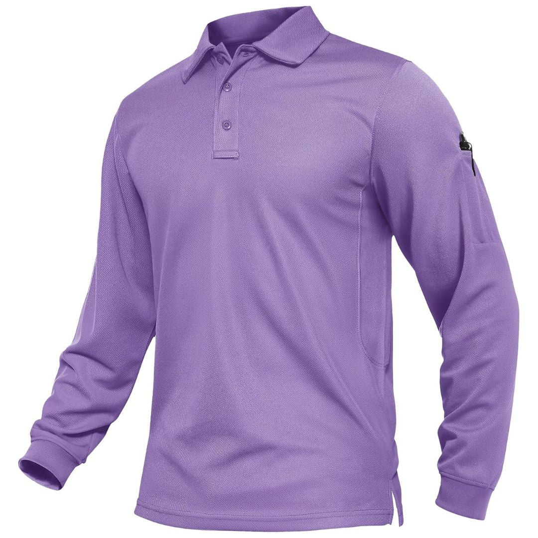 Men's long sleeve tactical polo shirt, quick-dry breathable pique jersey for outdoor adventures