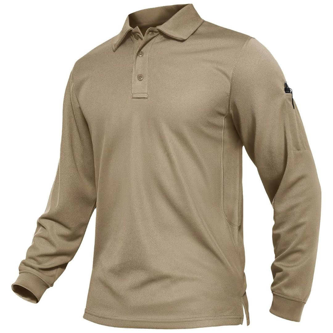 Men's long sleeve tactical polo shirt, quick-dry breathable pique jersey for outdoor performance