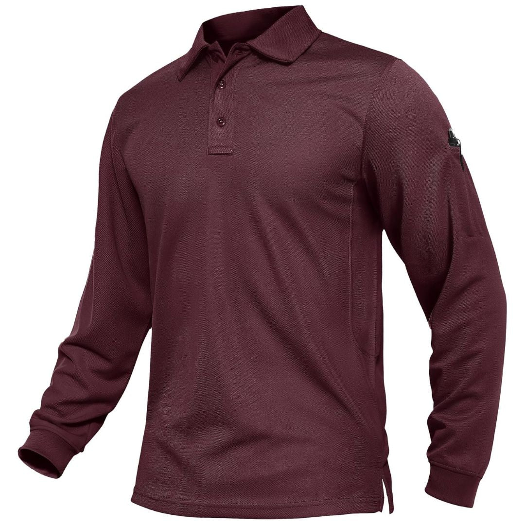 Men's long sleeve tactical polo shirt, quick-dry pique jersey, breathable mesh, ideal for outdoor adventures