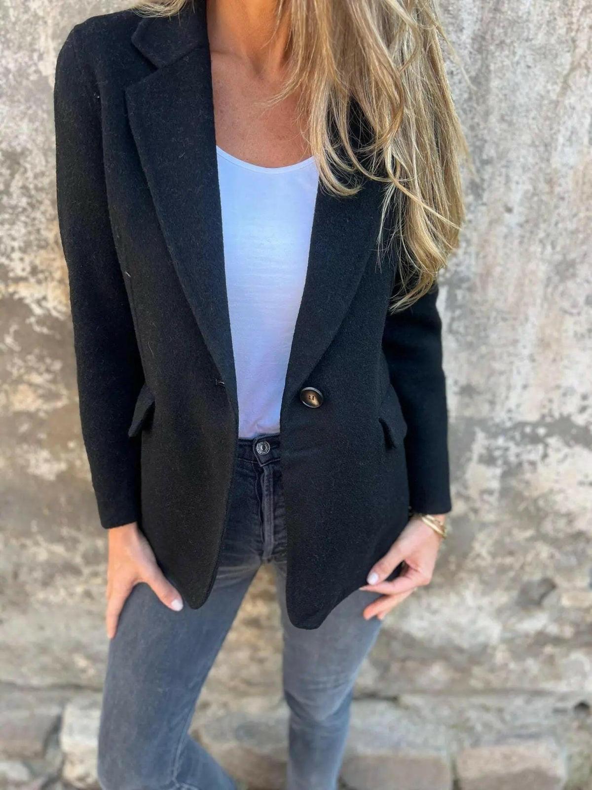Women's casual blazer in neutral tone, relaxed tailored fit with effortless day-to-night sophistication