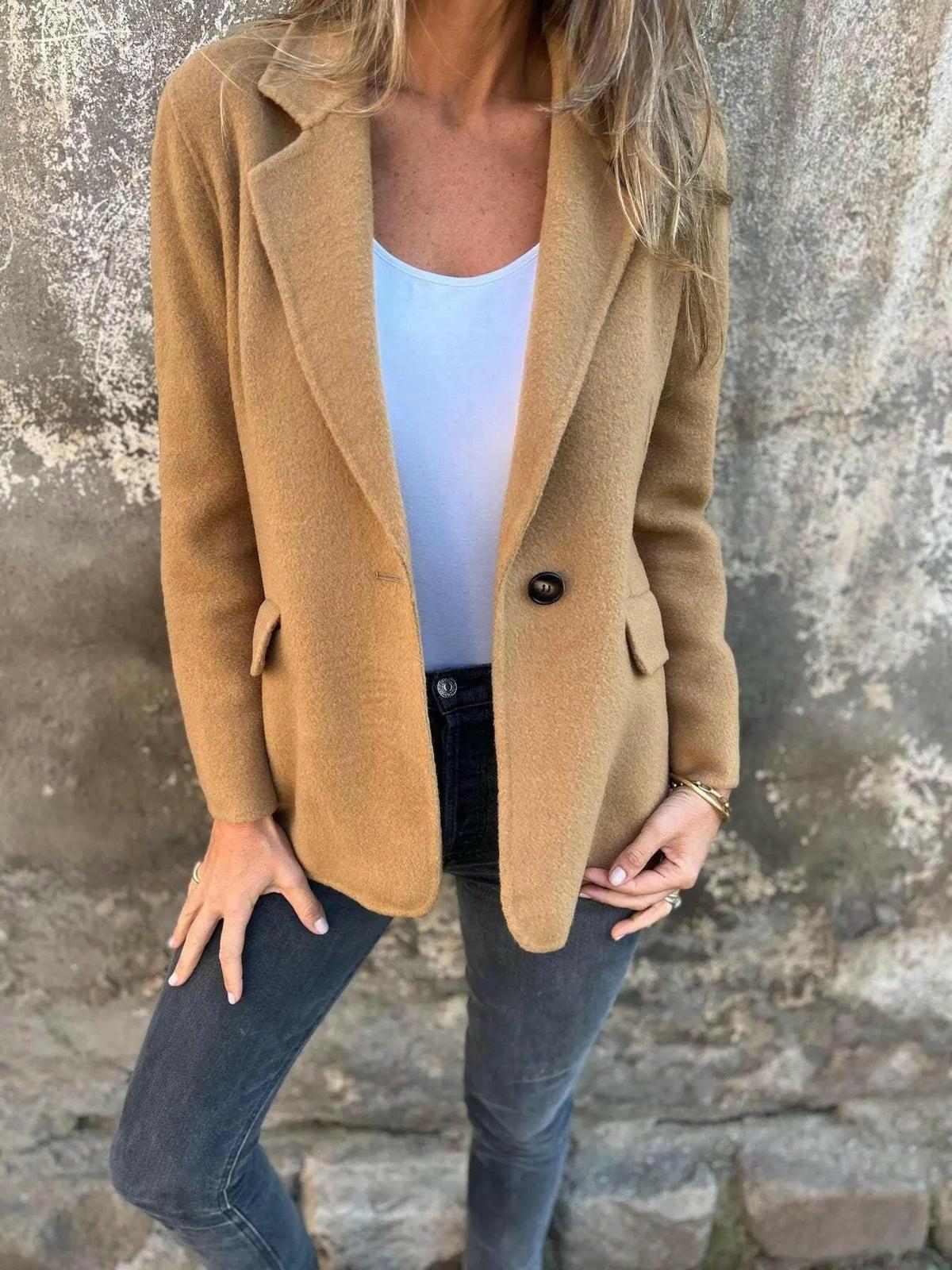 Women's casual blazer in neutral tone, relaxed tailored fit with effortless day-to-night sophistication