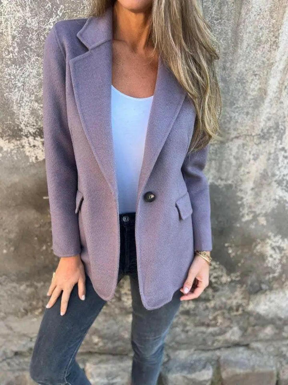 Women's casual blazer in neutral tone, relaxed sophisticated cut with effortless day-to-night versatility