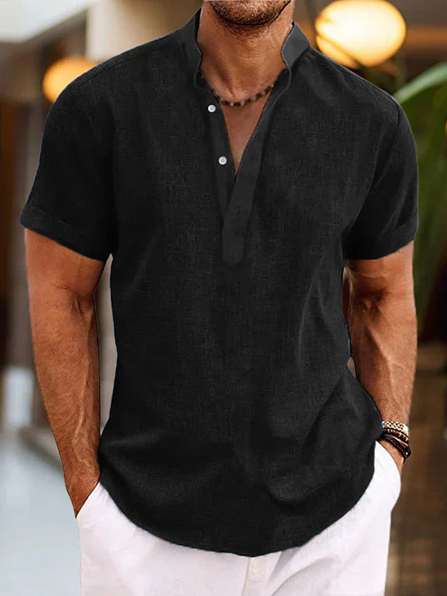 Men's light linen blend Henley collar short sleeve casual shirt breathable summer style