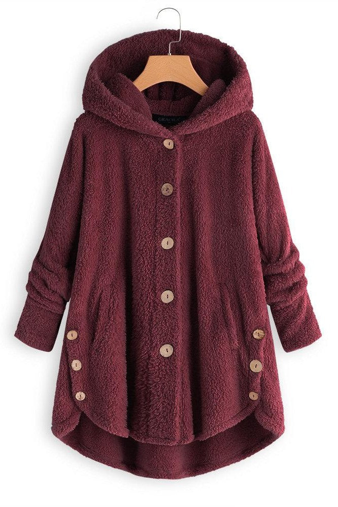 Women's oversized sherpa hooded coat in cozy plush mid-length silhouette with button front closure