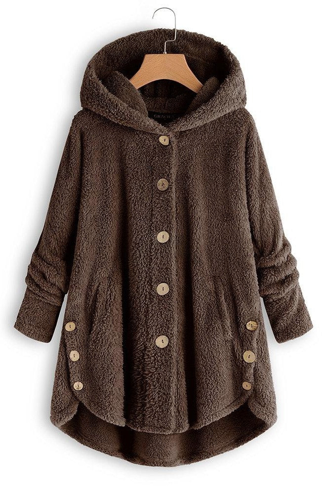 Women's oversized sherpa hooded coat mid-length button-front plush faux fur cozy winter outerwear