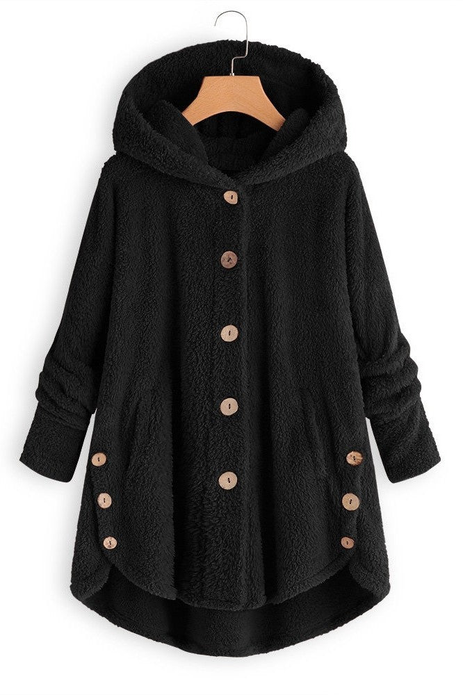 Women's oversized sherpa hooded coat mid-length plush faux fur button-front cozy winter outerwear